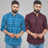 Pack Of 2 Mens Teal Blue Wide And Wine Check Cotton Short Kurta Combo