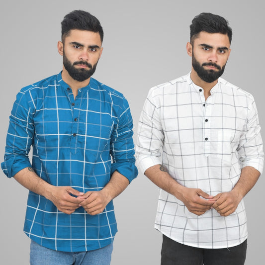 Pack Of 2 Mens Teal Blue And White Wide Check Cotton Short Kurta Combo