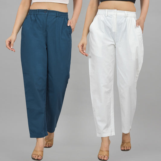 Combo Pack Of 2 Teal Blue And White Womens Cotton Formal Pants