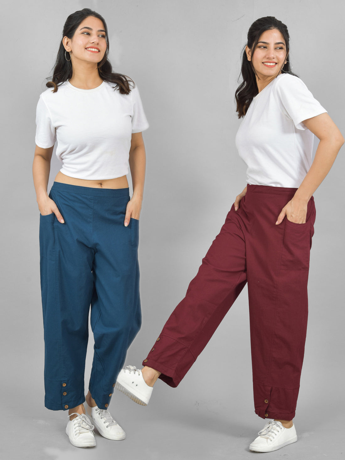Combo Pack Of Womens Teal Blue And Wine Side Pocket Straight Cargo Pants