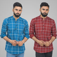 Pack Of 2 Mens Teal Blue And Wine Wide Check Cotton Short Kurta Combo