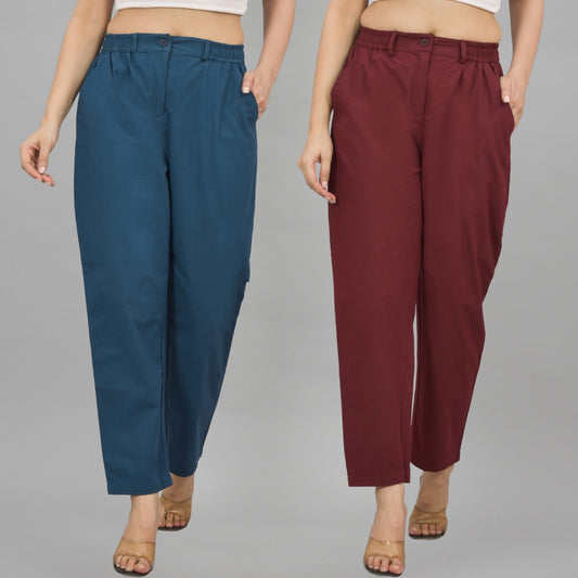 Combo Pack Of 2 Teal Blue And Wine Womens Cotton Formal Pants