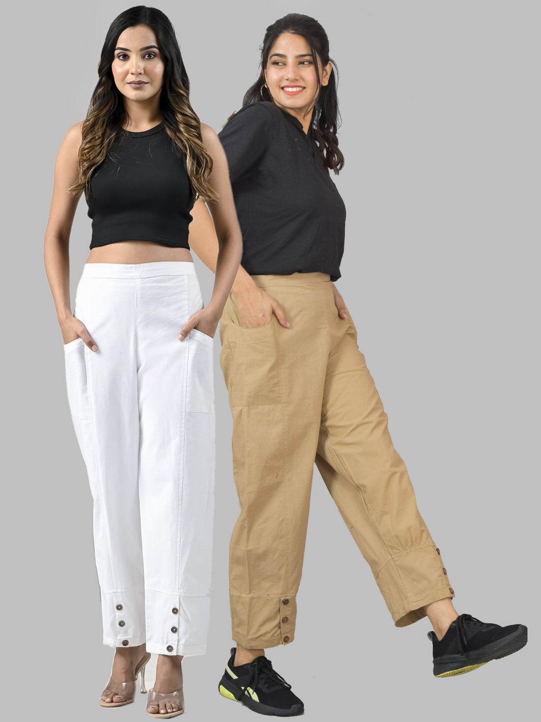Combo Pack Of Womens White And Beige Side Pocket Straight Cargo Pants