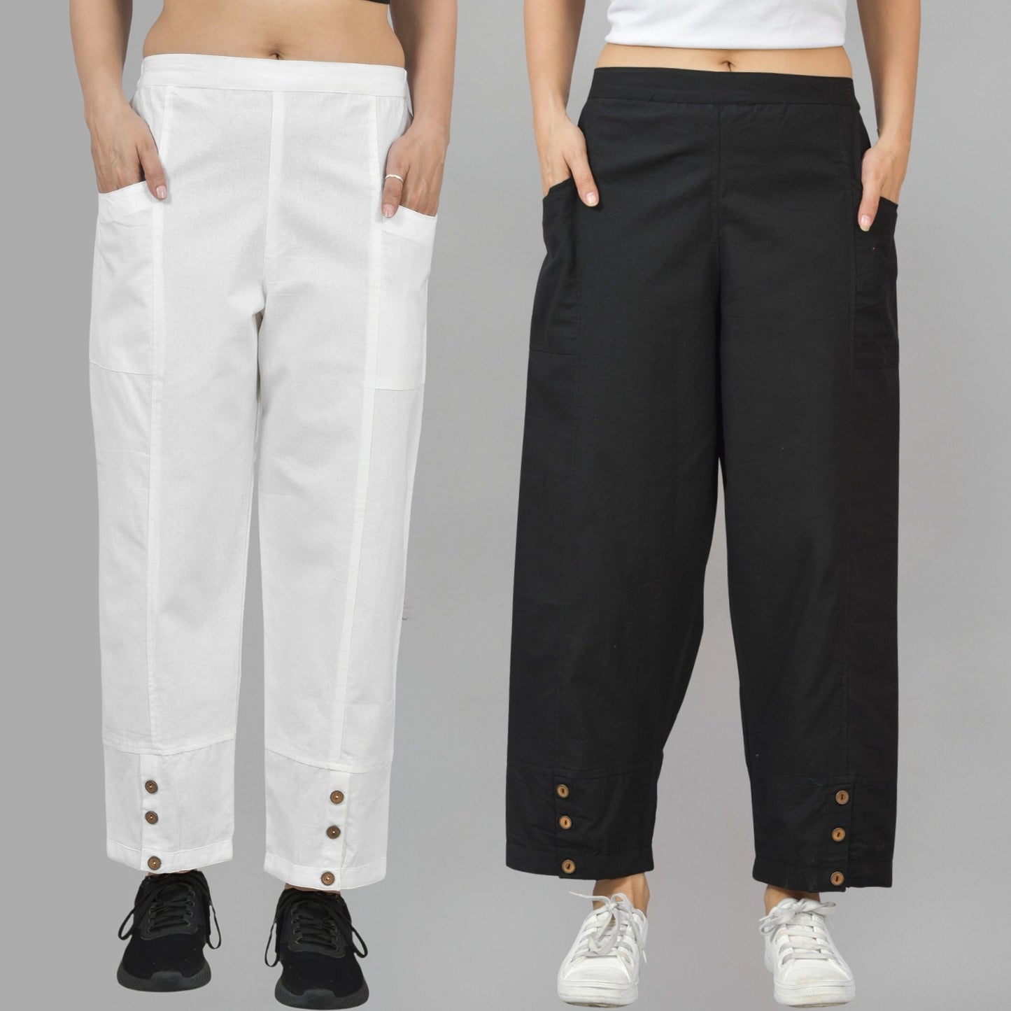 Combo Pack Of Womens White And Black Side Pocket Straight Cargo Pants