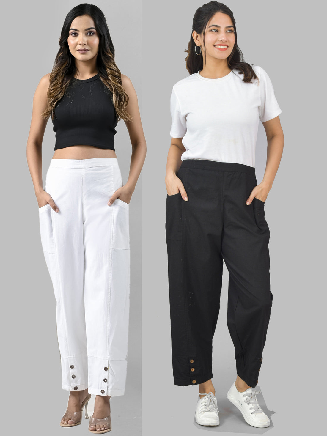 Combo Pack Of Womens White And Black Side Pocket Straight Cargo Pants