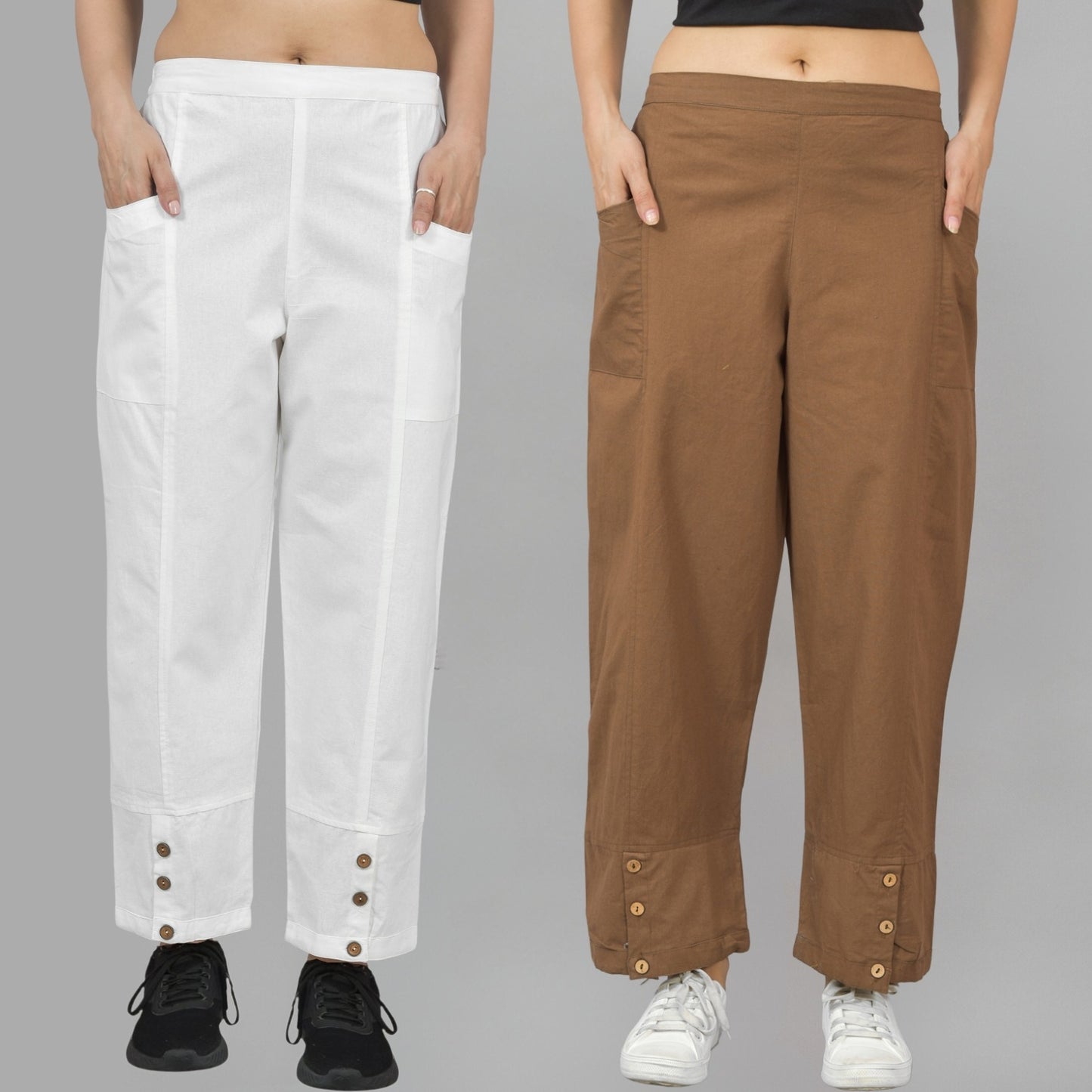 Combo Pack Of Womens White And Brown Side Pocket Straight Cargo Pants