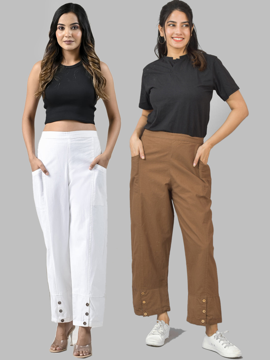 Combo Pack Of Womens White And Brown Side Pocket Straight Cargo Pants