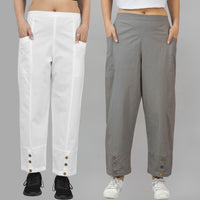 Combo Pack Of Womens White And Grey Side Pocket Straight Cargo Pants