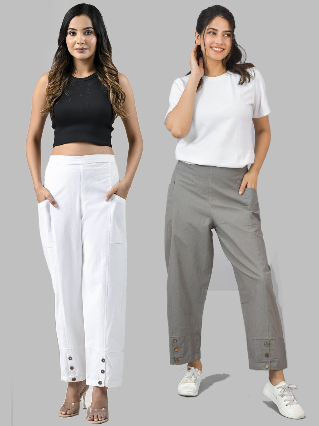 Combo Pack Of Womens White And Grey Side Pocket Straight Cargo Pants