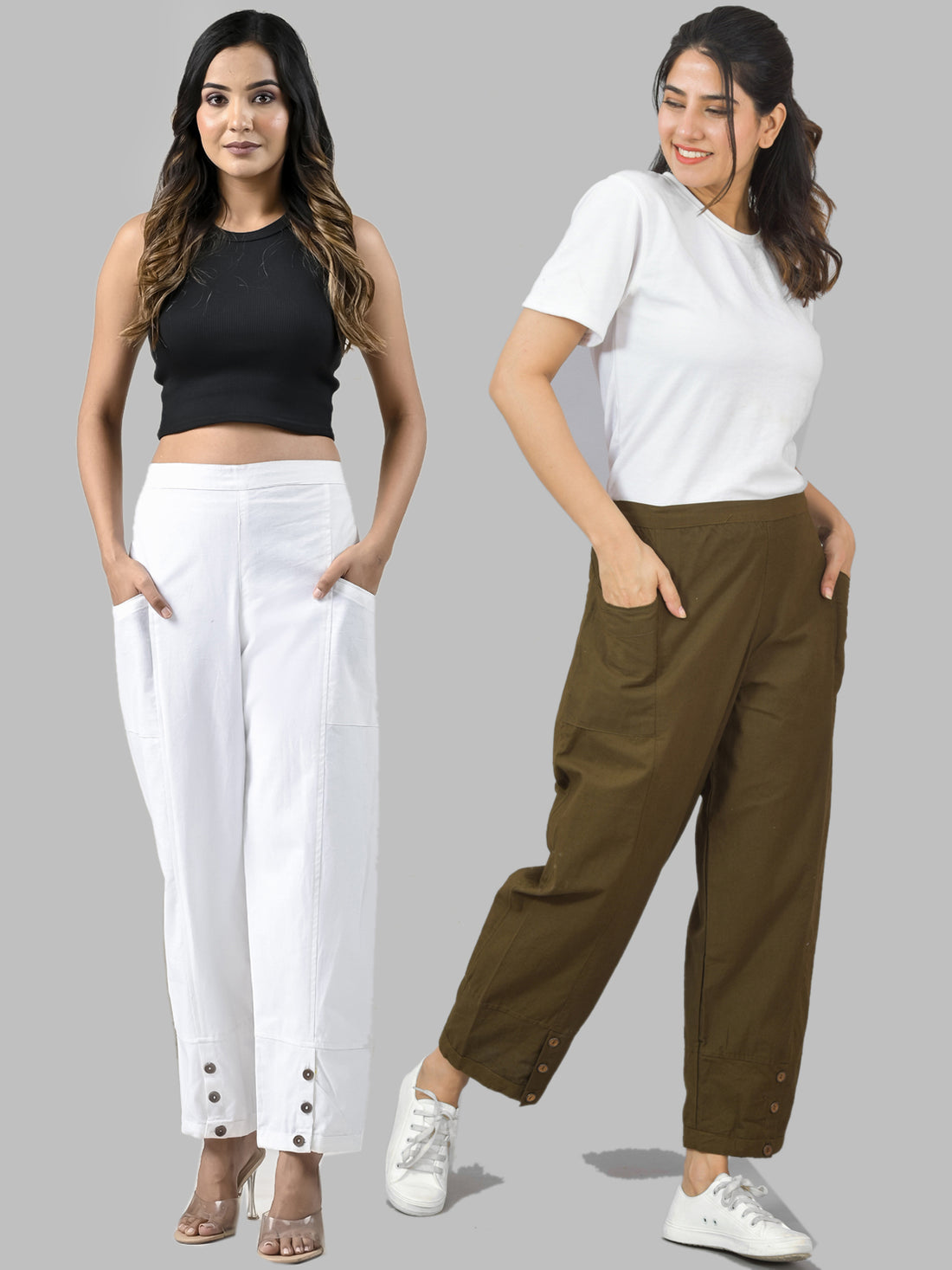 Combo Pack Of Womens White And Mehendi Green Side Pocket Straight Cargo Pants