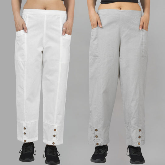 Combo Pack Of Womens White And Melange Grey Side Pocket Straight Cargo Pants