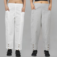 Combo Pack Of Womens White And Melange Grey Side Pocket Straight Cargo Pants