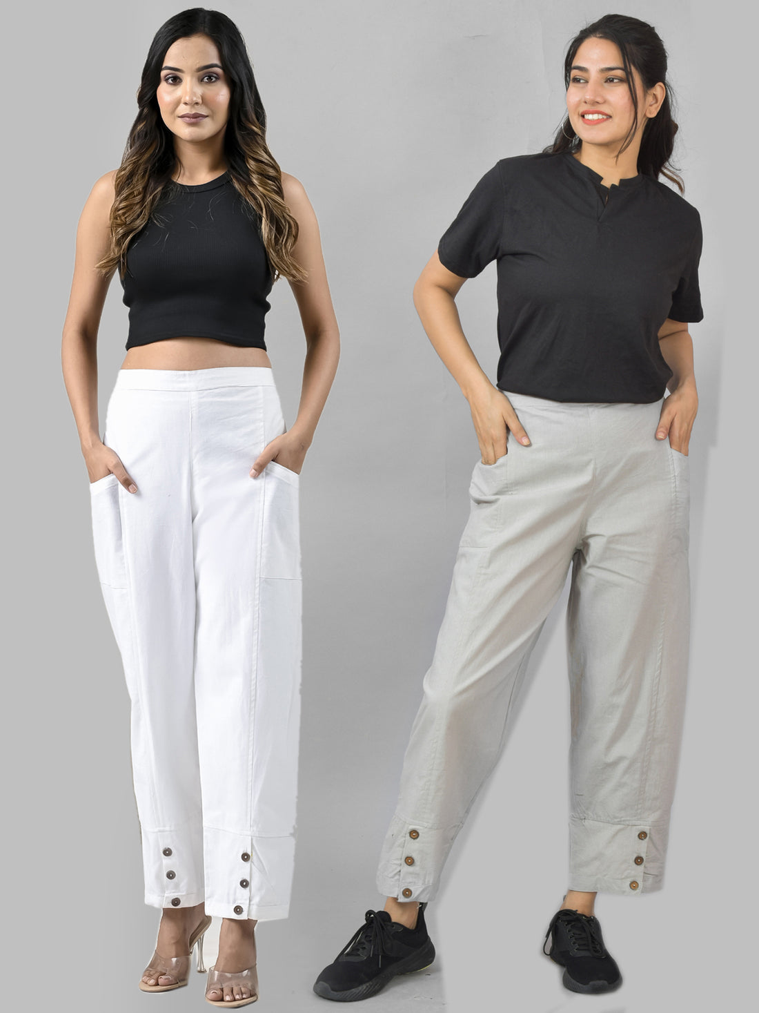 Combo Pack Of Womens White And Melange Grey Side Pocket Straight Cargo Pants