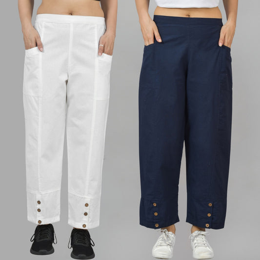 Combo Pack Of Womens White And Navy Blue Side Pocket Straight Cargo Pants