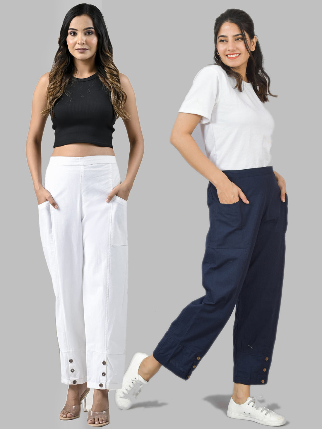 Combo Pack Of Womens White And Navy Blue Side Pocket Straight Cargo Pants