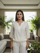 Cream Viscose Elastic Waist Tops