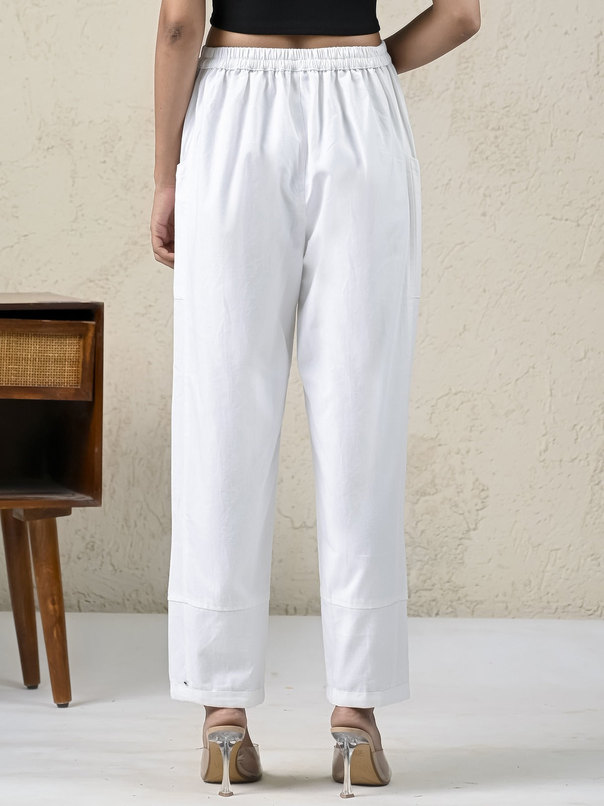 Womens White Side Pocket Pure Cotton Straight Cargo Pant