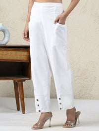 Womens White Side Pocket Pure Cotton Straight Cargo Pant