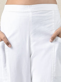 Womens White Side Pocket Pure Cotton Straight Cargo Pant