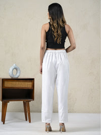 Womens White Side Pocket Pure Cotton Straight Cargo Pant