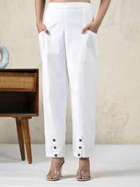 Womens White Side Pocket Pure Cotton Straight Cargo Pant