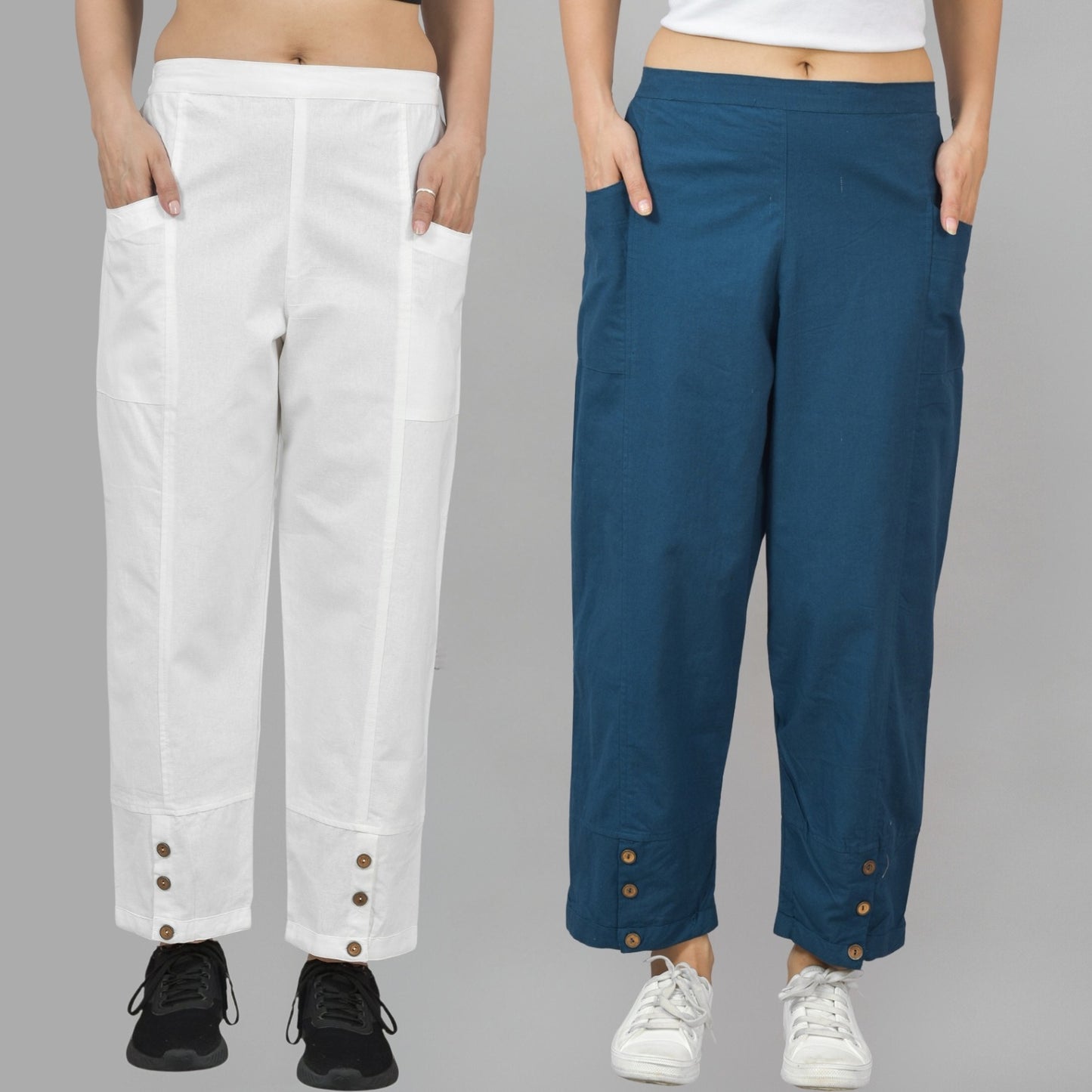 Combo Pack Of Womens White And Teal Blue Side Pocket Straight Cargo Pants