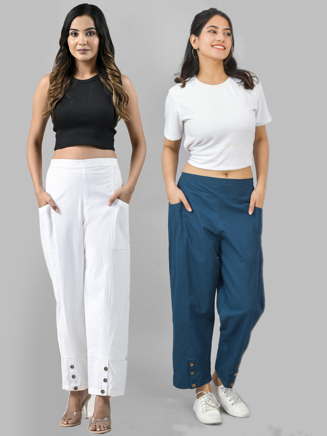 Combo Pack Of Womens White And Teal Blue Side Pocket Straight Cargo Pants