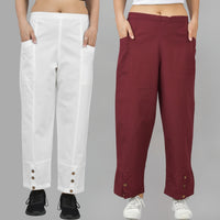 Combo Pack Of Womens White And Wine Side Pocket Straight Cargo Pants