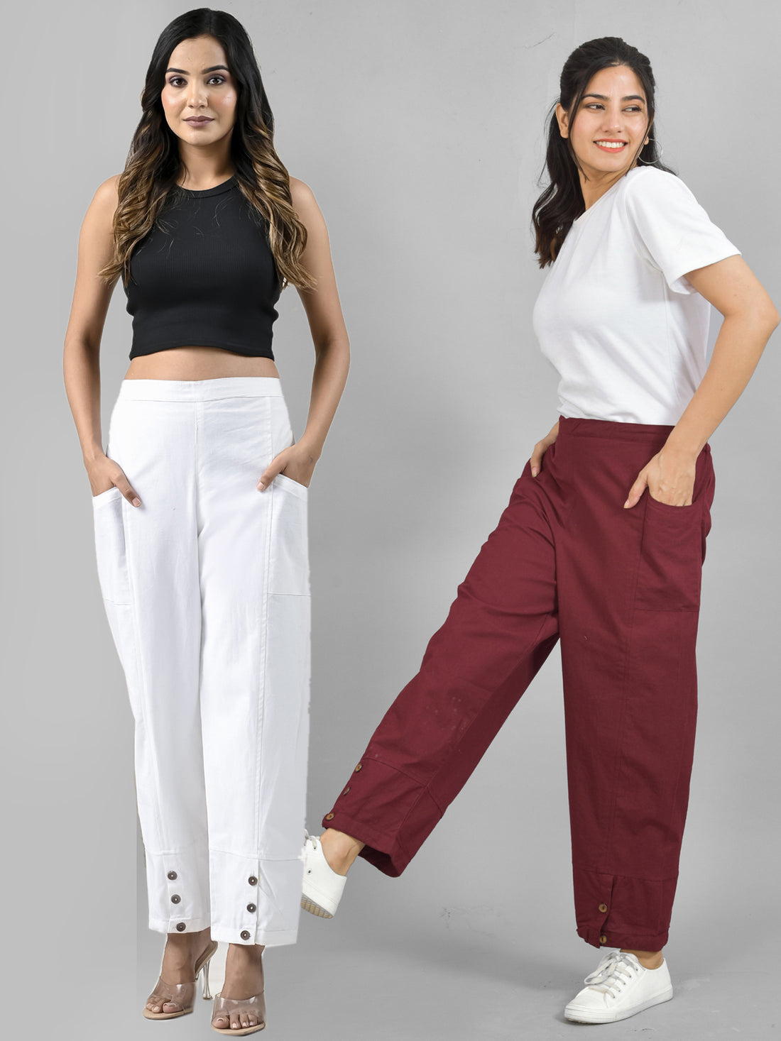 Combo Pack Of Womens White And Wine Side Pocket Straight Cargo Pants
