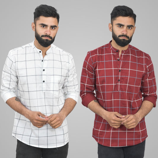 Pack Of 2 Mens White And Wine Wide Check Cotton Short Kurta Combo