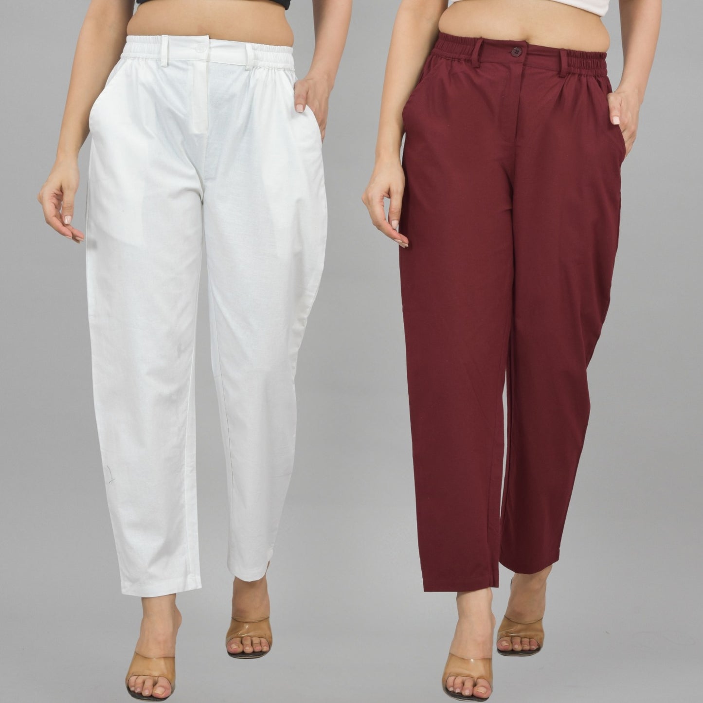 Combo Pack Of 2 White And Wine Womens Cotton Formal Pants