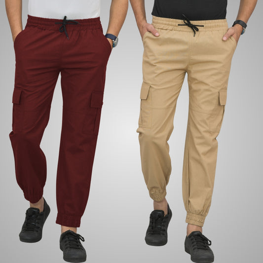 Combo Pack Of Mens Wine And Beige Five Pocket Cotton Cargo Pants