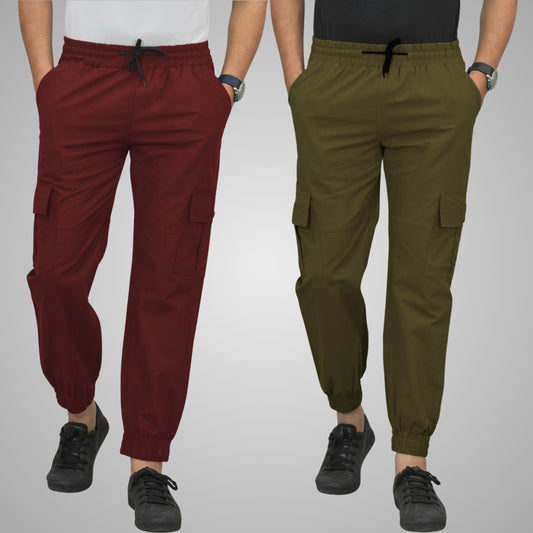 Pack Of 2 Mens Wine And Mehendi Green Airy Linen Summer Cool Cotton Comfort Joggers