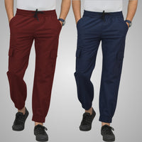 Combo Pack Of Mens Wine And Navy Blue Five Pocket Cotton Cargo Pants