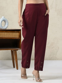 Womens Wine Side Pocket Pure Cotton Straight Cargo Pant