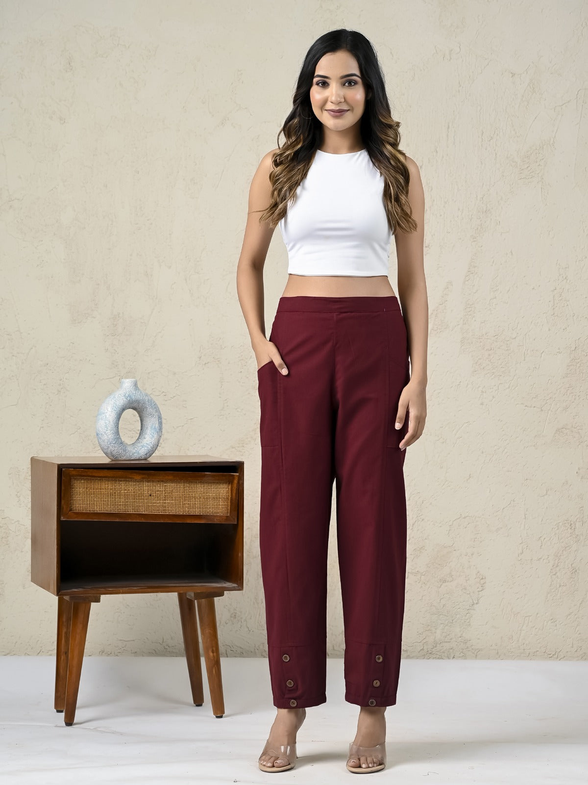 Womens Wine Side Pocket Pure Cotton Straight Cargo Pant