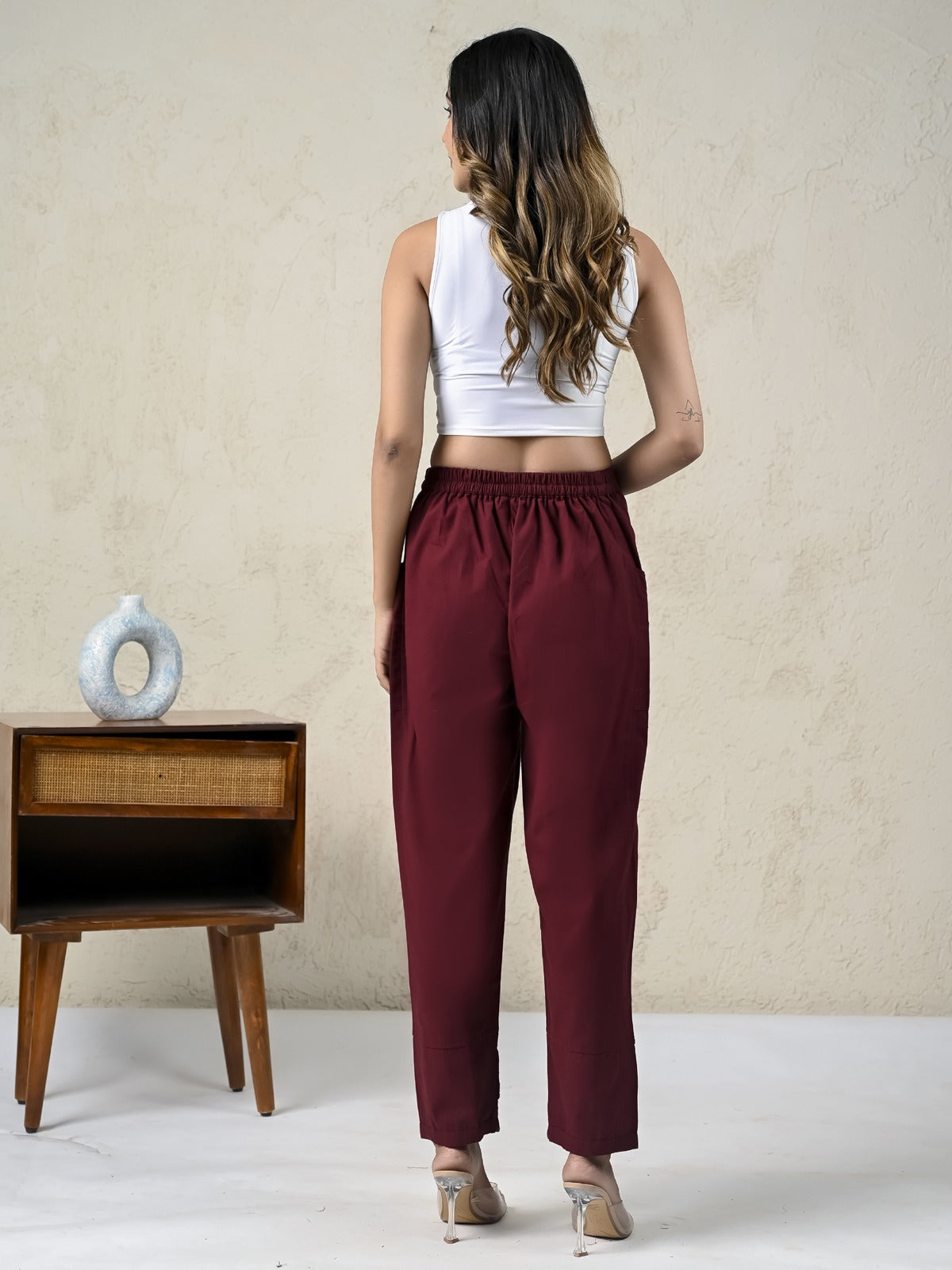 Womens Wine Side Pocket Pure Cotton Straight Cargo Pant