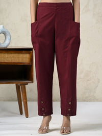 Womens Wine Side Pocket Pure Cotton Straight Cargo Pant