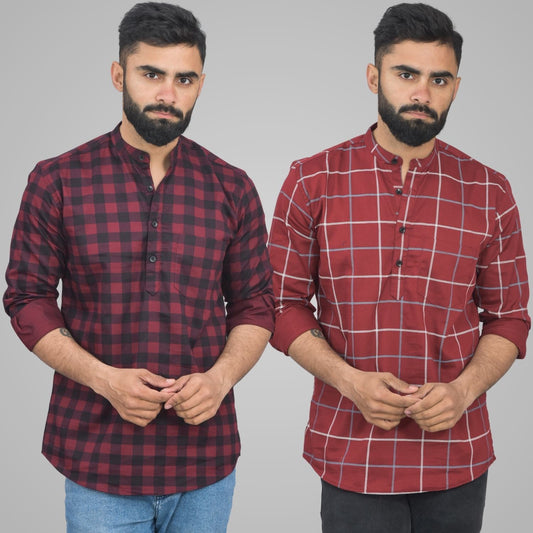 Pack Of 2 Mens Wine And Wine Wide Check Cotton Short Kurta Combo