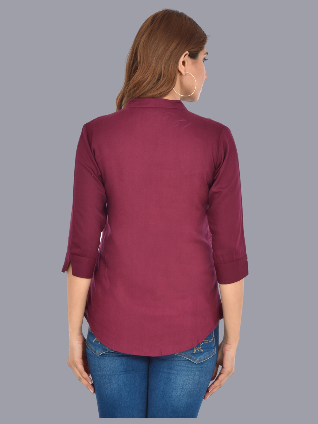 Womens Wine Regular Fit Chinese Collar Rayon Shirt