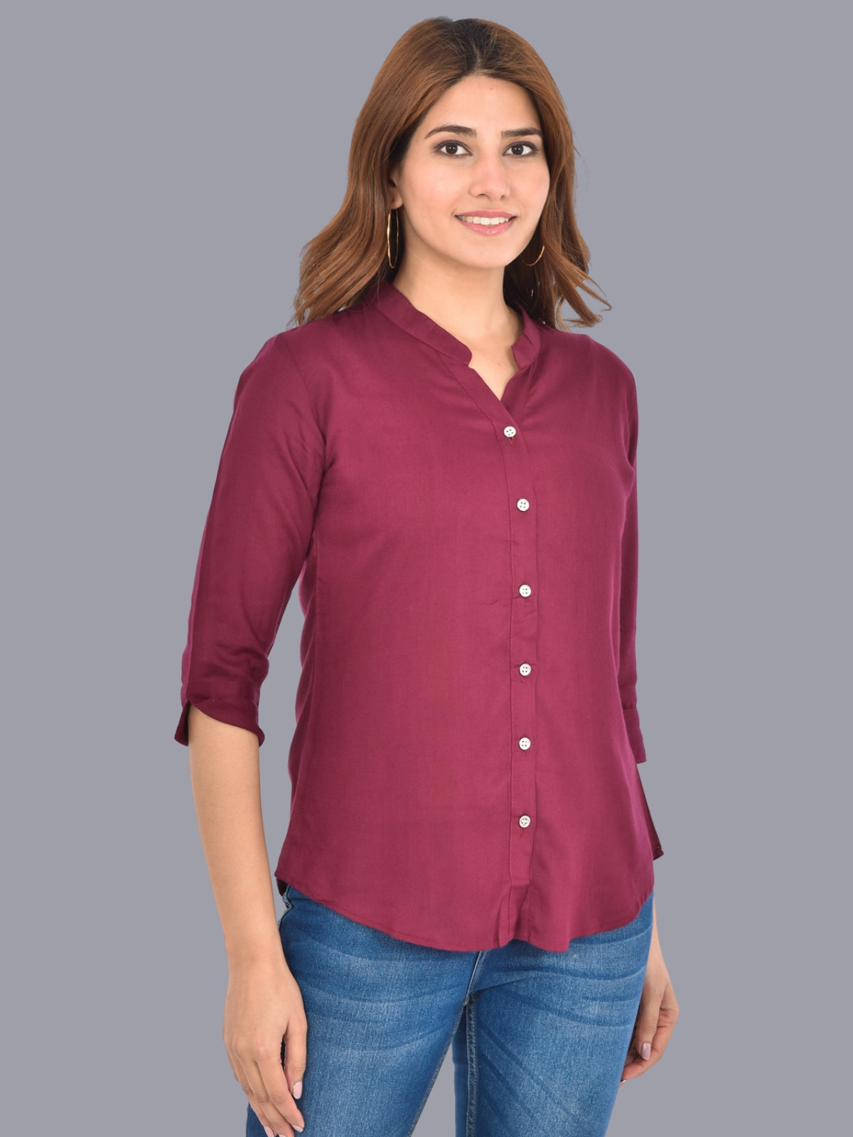 Womens Wine Regular Fit Chinese Collar Rayon Shirt