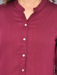 Womens Wine Regular Fit Chinese Collar Rayon Shirt