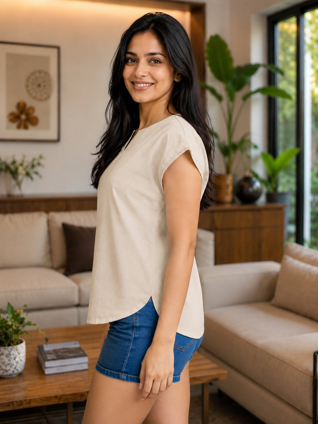 Women Beige Cotton Blends Top