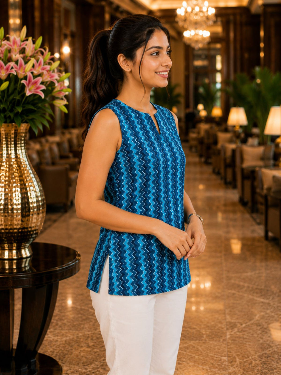 Blue Printed Sleeveless Top