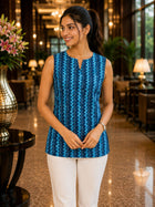 Blue Printed Sleeveless Top