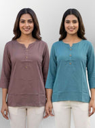 Women Camel & LightGrey Rayon Short Kurti