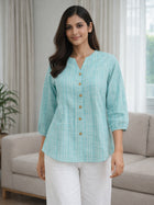 Women's Dark Green Striped Casual Shirt