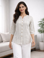Women's Light Grey Striped Casual Shirt