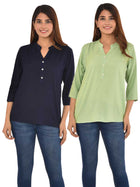 Pack Of 2 Women Navy Blue & Light Green Rayon Tops Combo