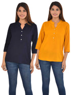Pack Of 2 Women Navy Blue & Mustard Rayon Tops Combo